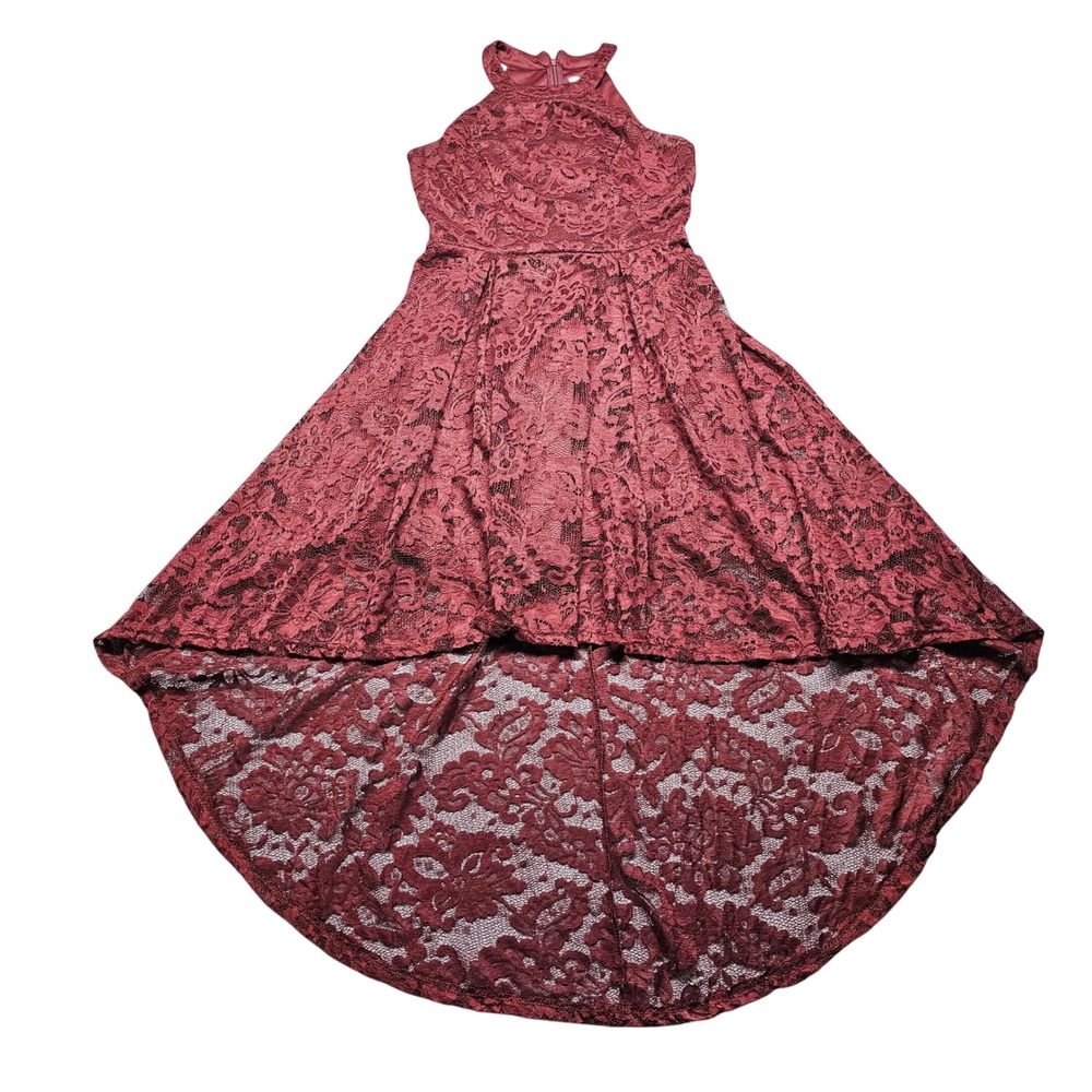 Dressy-star Women's Burgundy Floral Lace‎ Halter High-Low Cocktail Dress Size L.
